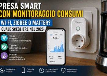 Presa smart con monitoraggio consumi: confronto tra Wi-Fi, Zigbee e Matter con smartphone e dati energetici
