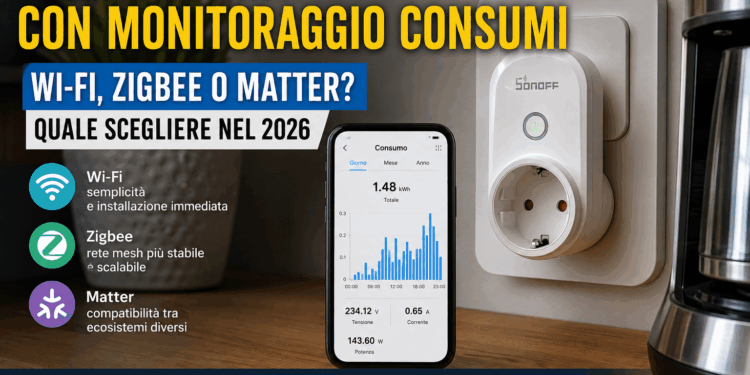 Presa smart con monitoraggio consumi: confronto tra Wi-Fi, Zigbee e Matter con smartphone e dati energetici